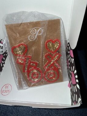 #1106 Plunder Red XO Earrings with Gold Sequin Hearts & Red Trim